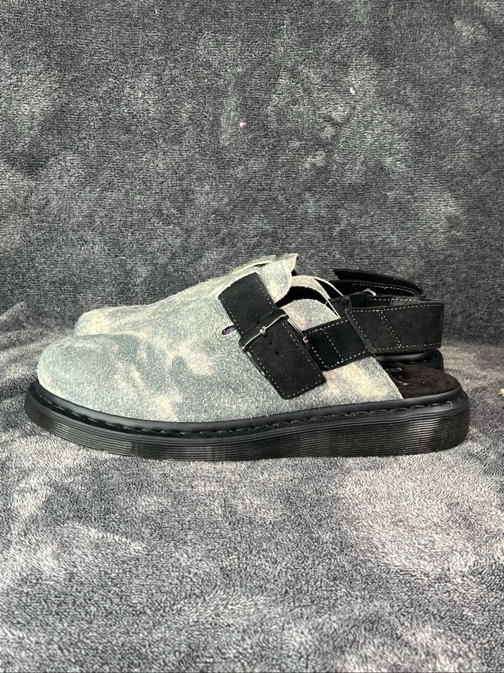 Dr. Martens Jorge II Stonewashed Hairy Suede Slingback Mules Grey Black Men 10 W